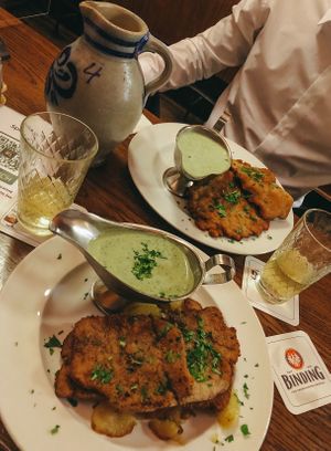 Schnitzel mit Grie Soß! at Zum Eichkatzerl in Frankfurt