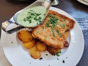 Vegan Frankfurter Schnitzel with Green Sauce (small) at Zum Eichkatzerl in Frankfurt