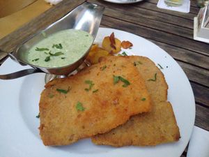 Vegan Schnitzel (made from soy) with potatoes and green sauce at Zum Eichkatzerl in Frankfurt