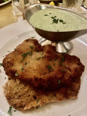 Vegan schnitzel with green sauce   at Zum Eichkatzerl in Frankfurt