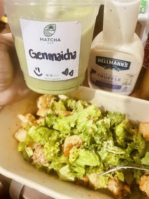 Cheesy vegan hotdog 🌭 + refreshing matcha green tea 🍵 + my fave roasted mushroom salad 🥗 = awesome meal!   at Kindred Cafe in Davao City