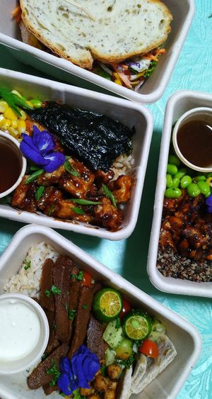 Various rice and rainbow bowls, jackfruit sanga. Delish! 👌🏼 at Kindred Cafe in Davao City