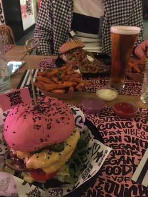 Burgers, sauces, beers and sweet potato fries  at Vegan Junk Food Bar - El Born in Barcelona