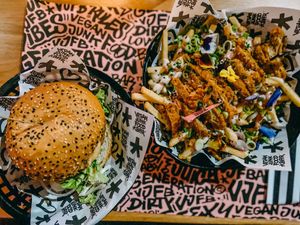 rainbow fries and the McCruelty free at Vegan Junk Food Bar - El Born in Barcelona