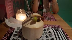 Coconut water cocktail at Vegan Junk Food Bar - El Born in Barcelona