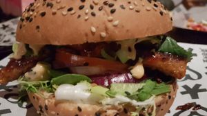 Rib burger exhibit two at Vegan Junk Food Bar - El Born in Barcelona