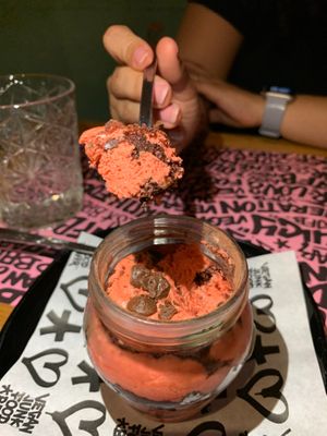Pink tiramisu  at Vegan Junk Food Bar - El Born in Barcelona