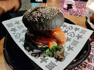 Cod burger. Pretty good! at Vegan Junk Food Bar - El Born in Barcelona