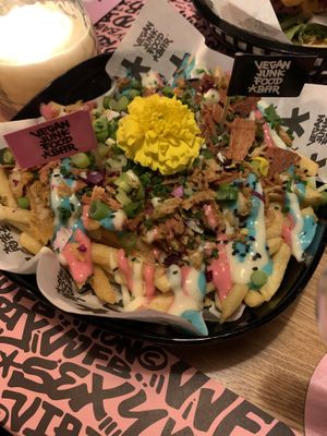 Loaded rainbow fries  at Vegan Junk Food Bar - El Born in Barcelona