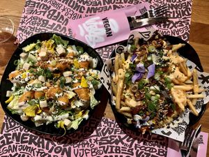 Ribs and fries on top, Shrimp Caesar on bottom   at Vegan Junk Food Bar - El Born in Barcelona