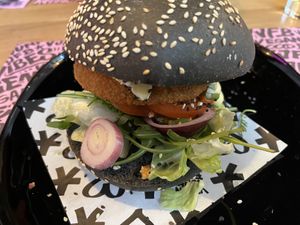 Burger with „croquette"  at Vegan Junk Food Bar - El Born in Barcelona