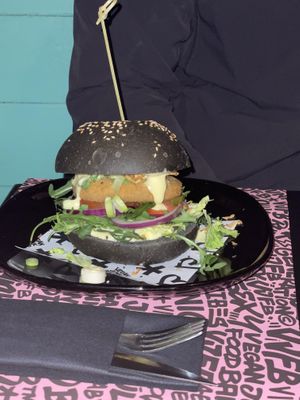 Croquette burger at Vegan Junk Food Bar - El Born in Barcelona