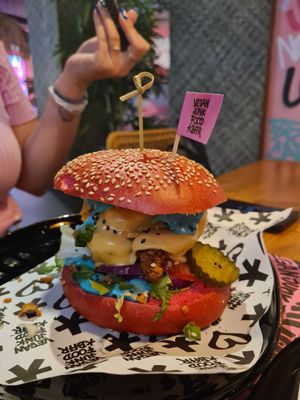 Pink "chicken"burger at Vegan Junk Food Bar - El Born in Barcelona