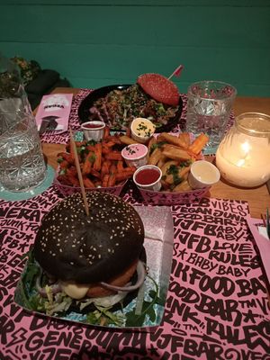 Burguers + sweet potato fries + Cajun fries at Vegan Junk Food Bar - El Born in Barcelona