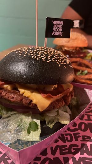 Royal smash burger and sweet potato fries   at Vegan Junk Food Bar - El Born in Barcelona