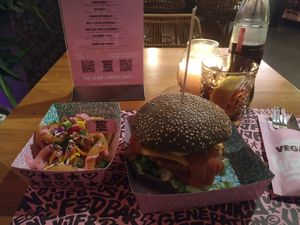 Onion rings 5€, smash royal burger 14€, cola 3,50€ at Vegan Junk Food Bar - El Born in Barcelona