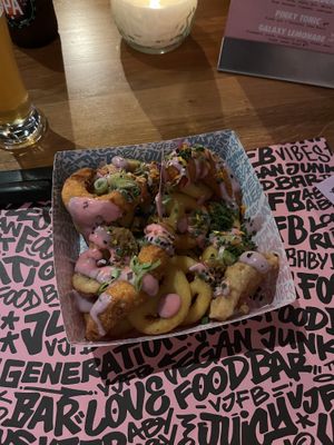 Zeafood topped fries  at Vegan Junk Food Bar - El Born in Barcelona