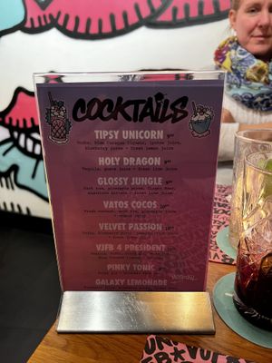 Cocktail menu - try the Tipsy Unicorn    at Vegan Junk Food Bar - El Born in Barcelona