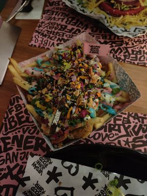 Rainbow french fries at Vegan Junk Food Bar - El Born in Barcelona