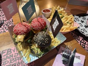 Mini burgers and fries (I don’t recommend mini burgers if you want a full meal)   at Vegan Junk Food Bar - El Born in Barcelona