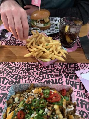 Burger and fries  at Vegan Junk Food Bar - El Born in Barcelona