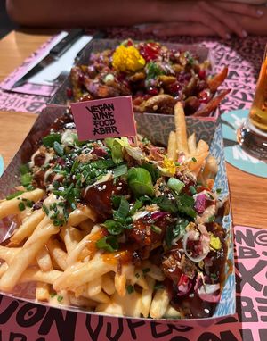 Loaded fries with regular fries and vegan rib-styled meat  at Vegan Junk Food Bar - El Born in Barcelona
