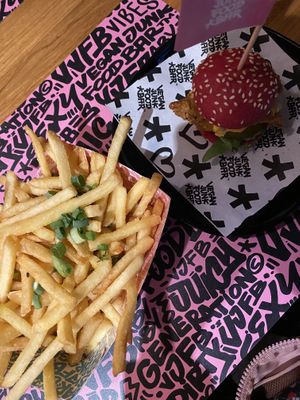 Mini slider and chips   at Vegan Junk Food Bar - El Born in Barcelona