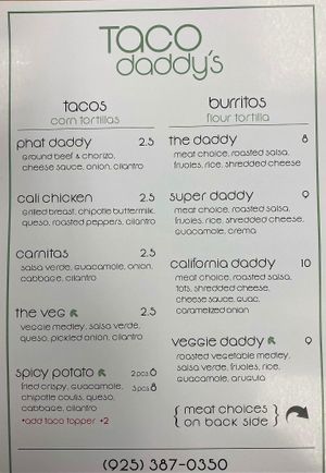 Menu at Taco Daddy's in Martinez