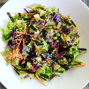 Japanese salad: nori, edamame, avocado, cucumber, lettuce, carrots, cabbage and sesame seeds with a delicious Japanese dressing. at Dapur Deli in Sanur