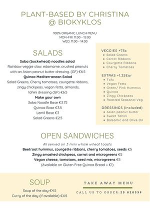 Menu at Biokyklos in Limassol