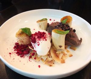 Vegan dark chocolate mousse dessert at MR. RYU in Balaclava