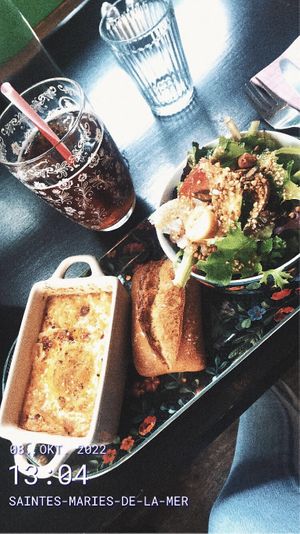 oeuf cocotte (baked eggs) made from tofu, salad and ice tea  at La Bohème in Saintes-maries-de-la-mer