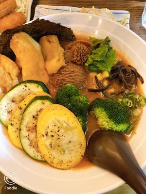 Vegan Sichuan soup base ramen with vegetable, tofu, and mushroom toppings   at Soulmate Ramen 素味謀麵 in Hong Kong Island