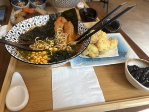 Tomato + carrot soup ramen & cauliflower tempuraa  at Soulmate Ramen 素味謀麵 in Hong Kong Island