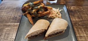BBQ Pulled Mushroom Ciabatta, Pesto Fries at Vegged in Chesterfield
