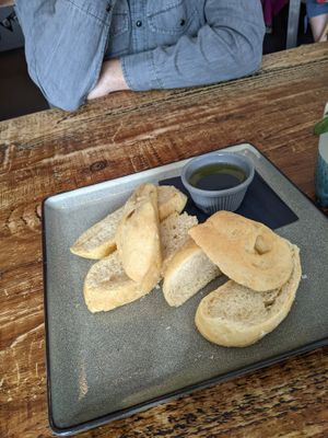Course 2 of the set menu at the Vegged Italian Night in July 2022 - homemade bread with olive oil and aged balsamic at Vegged in Chesterfield