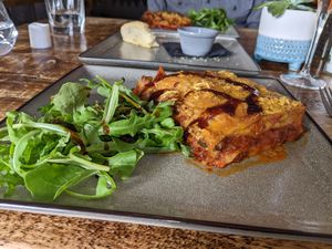 Course 4 of the set menu at the Vegged Italian Night in July 2022 - Vegan lasagne at Vegged in Chesterfield