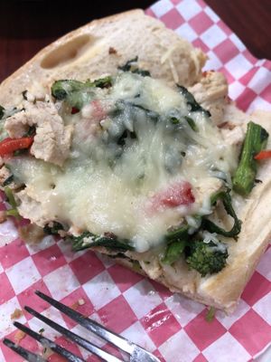 Vegan chicken, broccoli rabe, roasted red peppers, and vegan mozzarella hero at Donna's Pizzeria in Saddle Brook