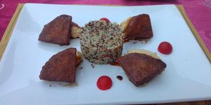 Tofu wedges with humus and quinoa. at Giardino in Bellinzona