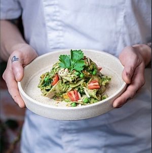 Chestnut pappardelle pasta with roast veggies, house made pesto, lemon zest and almonds at Mother in Fremantle