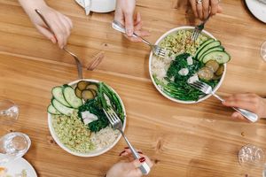 Greens bowl with pesto brown rice, charred broccolini and green beans, kale, fresh and pickled
cucumber, sauerkraut, housemade feta, toasted spiced sunflower seeds at Mother in Fremantle