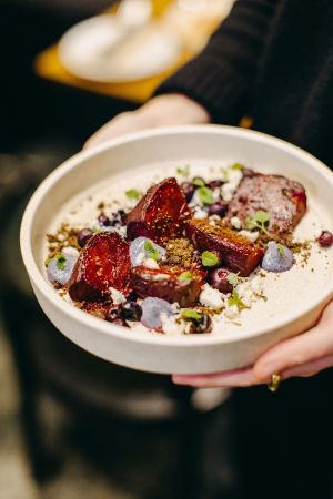 Roasted beetroot and fermented blueberries share plate at Mother in Fremantle