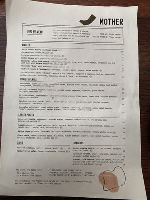 Menu  at Mother in Fremantle