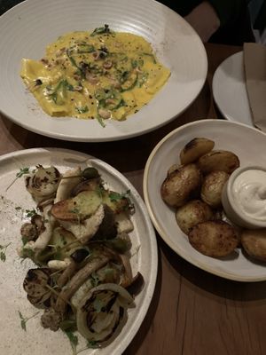 Pumpkin ravioli, wild mushrooms, roasted potatoes with smoked garlic aioli  at Mother in Fremantle
