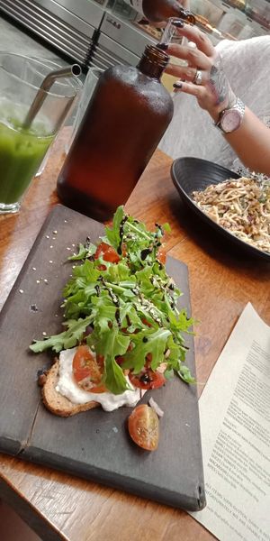 Delicious green juice, almond cheese bruschetta and raw pad Thai! at Mother in Fremantle
