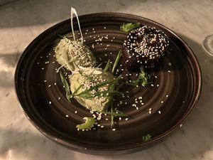 aubergine avocado-coconut-cream starter  at Gostilna Vida in Ljubljana