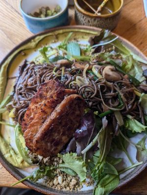 Soba noodle stir fry with tempeh at Gostilna Vida in Ljubljana
