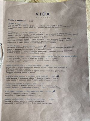 Breakfast menu at Gostilna Vida in Ljubljana