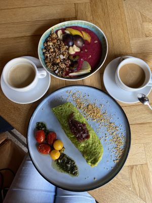 Green burrito, vida smoothie bowl & coffee with oat mylk at Gostilna Vida in Ljubljana