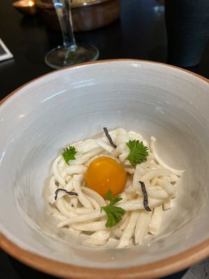 Vegan egg yolk with coconut noodles! at Sow Vegan in Kowloon